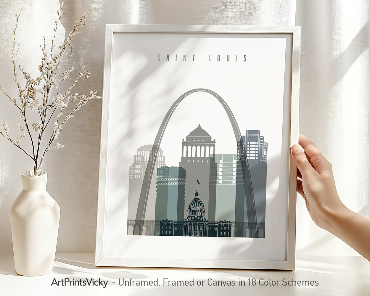 Framed print of Saint Louis cityscape featuring the Gateway Arch and skyline.
