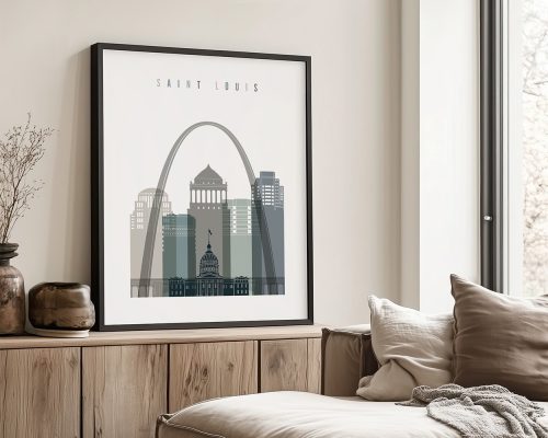Art print featuring a stylized cityscape of Saint Louis with the Gateway Arch and buildings.