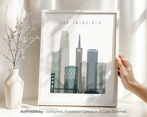 Art print of a stylized San Francisco skyline featuring notable buildings and the Golden Gate Bridge.