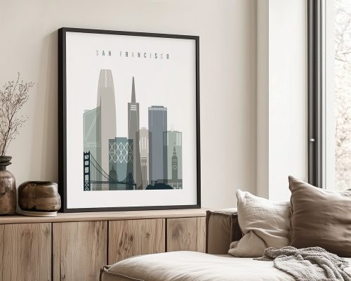 Illustration of San Francisco skyline featuring notable buildings and the Golden Gate Bridge.