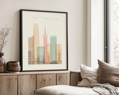 Art print of a San Francisco cityscape featuring iconic buildings and the Golden Gate Bridge.