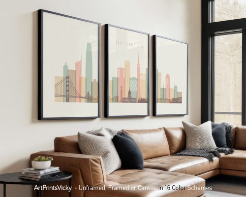 Three framed art prints of a San Francisco cityscape displayed on a wall above a couch.