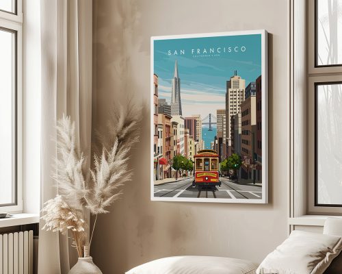 Illustration of a San Francisco street with a cable car and city buildings in the background.