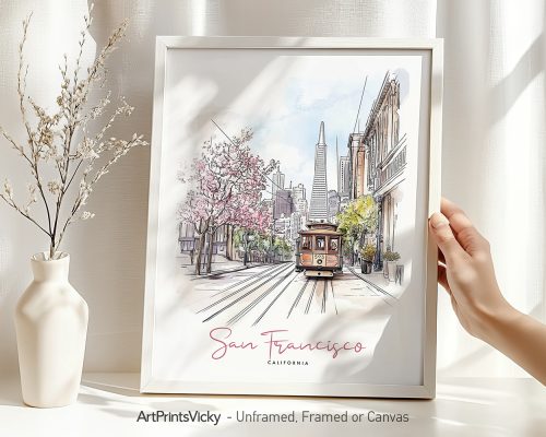Illustration of San Francisco featuring a streetcar and city skyline with cherry blossom trees.