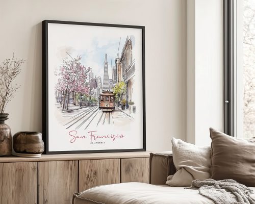 Illustration of a San Francisco streetcar with city skyline and cherry blossom trees.