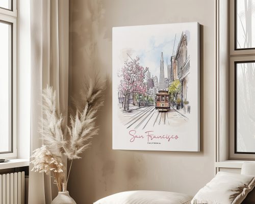 Illustration of a San Francisco streetcar with cherry blossom trees and the skyline in the background.