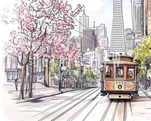 Illustration of a San Francisco cable car traveling along a street with cherry blossom trees.