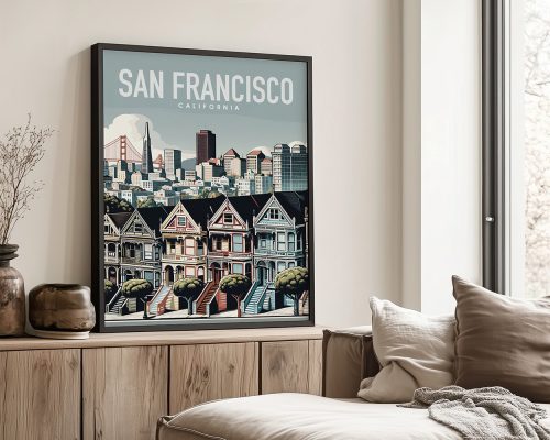 Art print featuring a stylized depiction of San Francisco with Victorian houses and the Golden Gate Bridge.