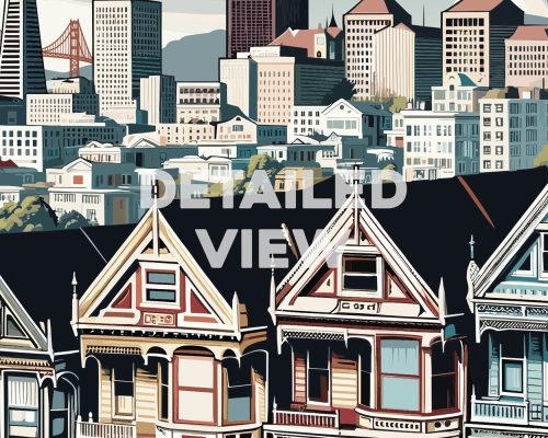 Illustration of San Francisco featuring Victorian houses in the foreground and city skyline in the background.