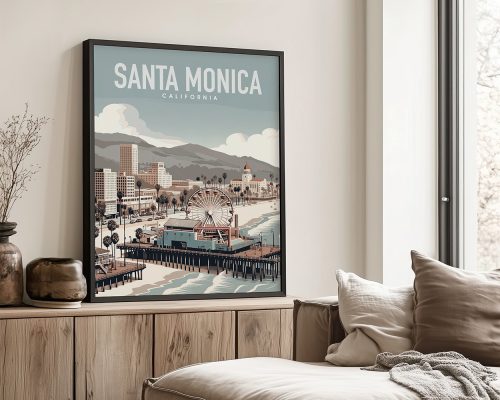 Art print of Santa Monica featuring a coastal view with a ferris wheel and buildings in the background.