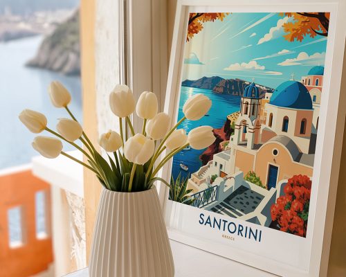 Alternative view of Santorini Travel Poster Vintage Greece Wall Art