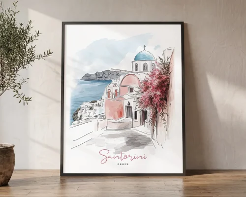 Santorini Drawing Wall Art Print — Island Sketch | ArtPrintsVicky