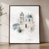 Santorini Skyline Drawing — Watercolor Wall Art Print | ArtPrintsVicky