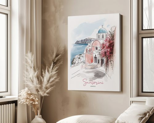 Illustration of Santorini featuring white buildings and a blue dome against a coastal backdrop.