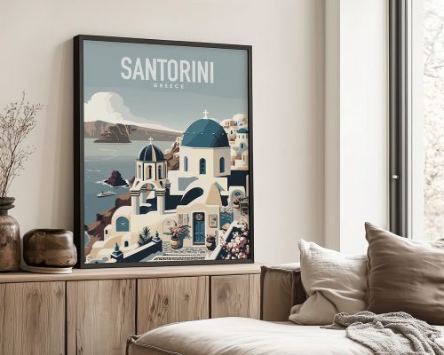Art print of Santorini featuring blue domed buildings and coastal scenery.