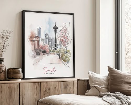 Framed drawing of Seattle featuring the Space Needle and city skyline with cherry blossom trees.