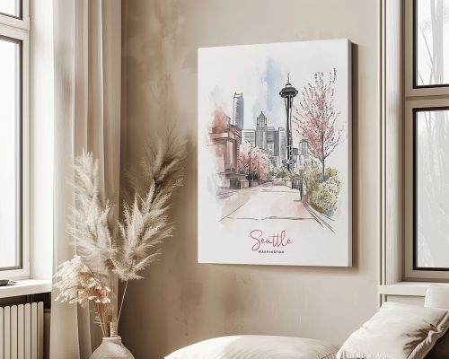 Illustration of Seattle's skyline with the Space Needle and cherry blossom trees in a soft color palette.