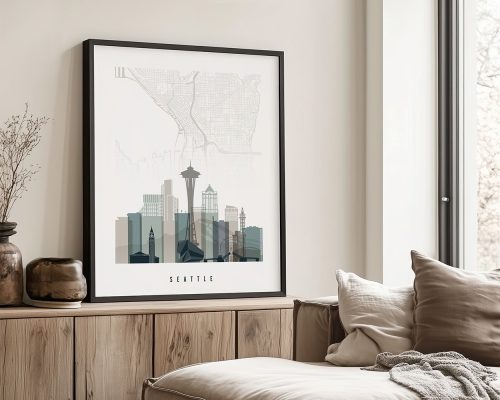 Illustration of Seattle skyline with a map background, framed and displayed indoors.