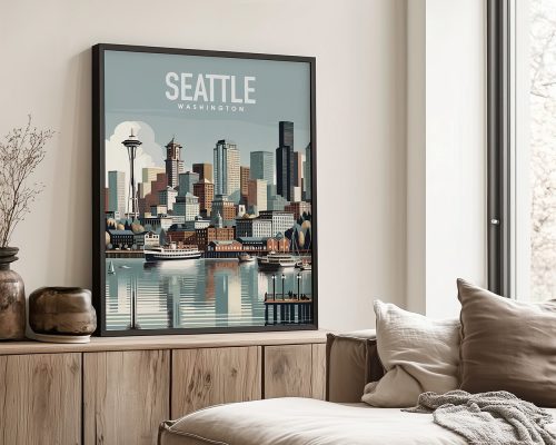 Framed artwork depicting a cityscape of Seattle, Washington with the Space Needle and waterfront.