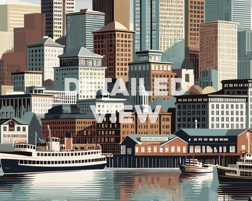 Illustration of Seattle's waterfront with buildings and boats in a detailed view.