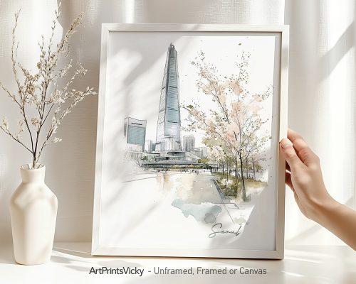 Art print of a cityscape featuring a tall building and trees in a soft watercolor style.