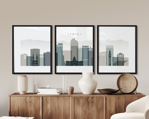 Three framed art prints of Denver's skyline featuring buildings and mountains in a minimalist style.