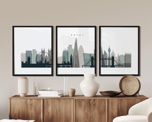 Three framed art prints of London's skyline featuring notable buildings and landmarks.