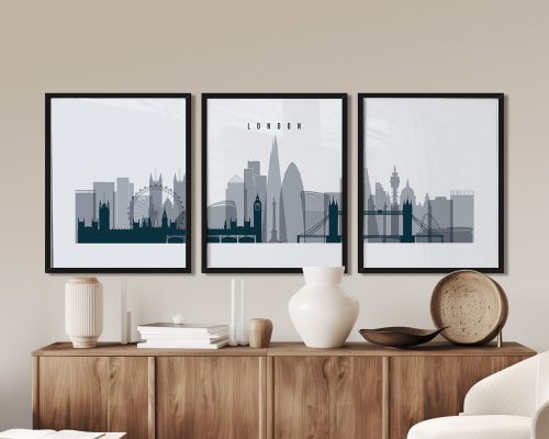 Three framed art prints of London's skyline featuring notable landmarks in a minimalist design.