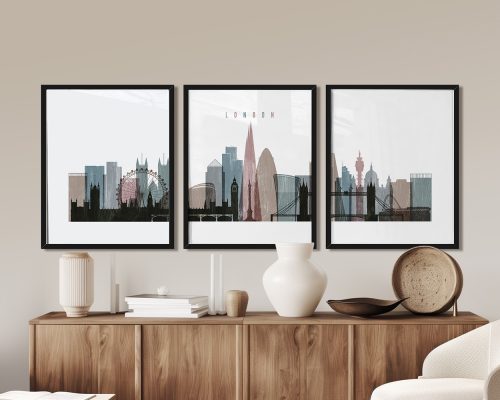 Three framed art prints of London's skyline featuring notable buildings and landmarks.