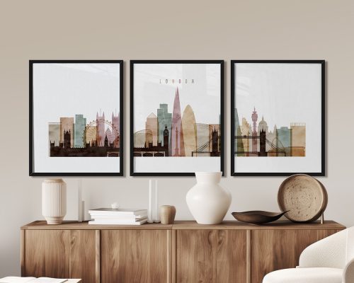 Three framed art prints of London's skyline featuring iconic landmarks in soft colors.