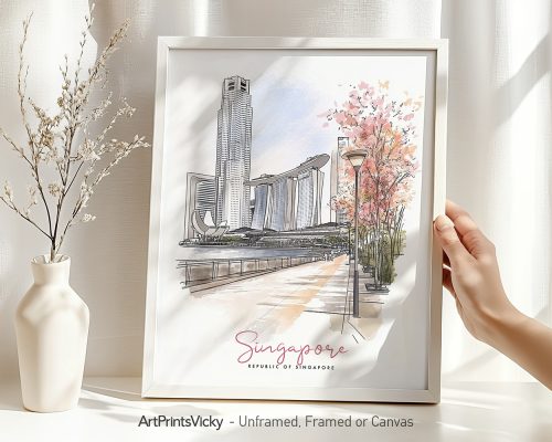 Illustration of Singapore featuring a skyline with modern buildings and cherry blossom trees.