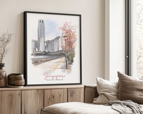 Illustration of Singapore's skyline featuring buildings and trees in a framed artwork.