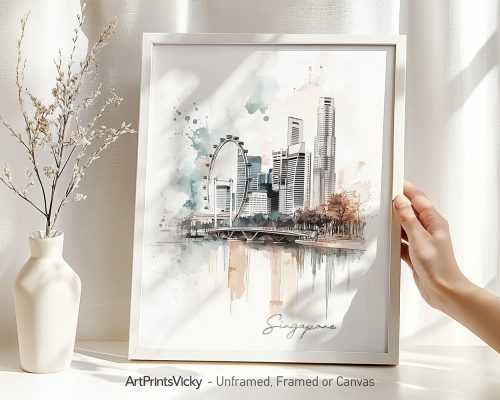 Framed illustration of Singapore's skyline with watercolor elements and a hand holding it.