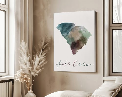 Art print of South Carolina map with watercolor design and text label.