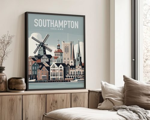 Art print of Southampton featuring buildings, a windmill, and a church in a stylized design.