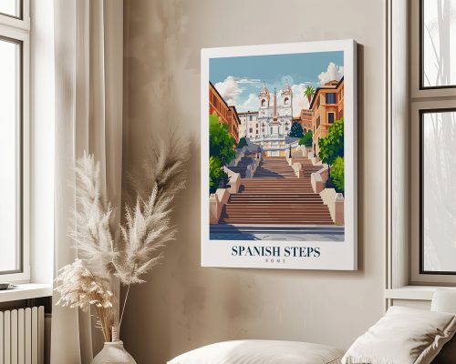 Art print of the Spanish Steps in Rome, featuring a clear blue sky and greenery.
