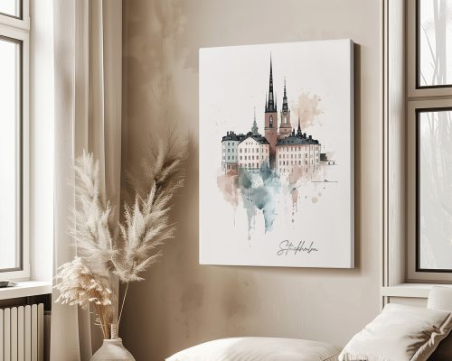 Artistic illustration of Stockholm's cityscape featuring prominent buildings and spires in soft colors.