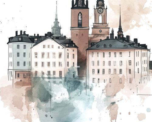 Artistic illustration of Stockholm buildings with soft watercolor effects in pastel colors.
