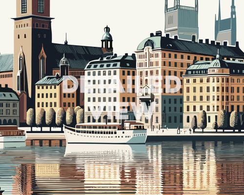 Illustration depicting waterfront buildings in Stockholm with a boat on the water.