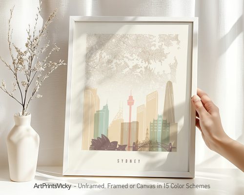 Stylized map of Sydney featuring key landmarks and buildings in a muted color palette.