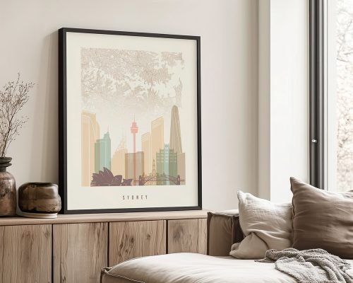 Stylized map of Sydney featuring iconic buildings and landmarks in muted colors.
