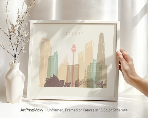 Framed artwork depicting a stylized cityscape of Sydney with notable landmarks.