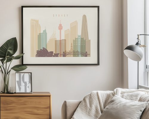 Illustration of Sydney's skyline featuring notable buildings and landmarks in a minimalist style.