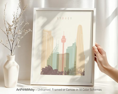 Art print featuring a stylized cityscape of Sydney with notable landmarks and a pastel color palette.