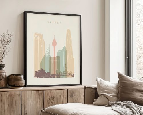 Illustration of Sydney's skyline featuring prominent buildings and landmarks in soft colors.