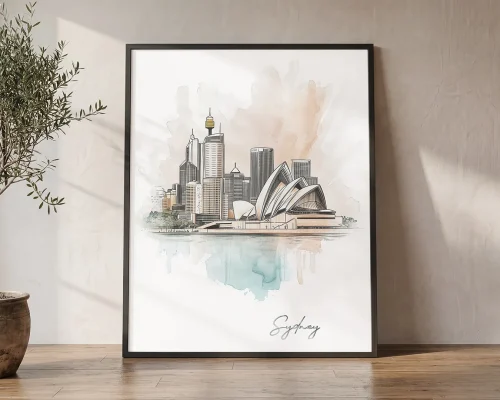 Sydney Skyline Drawing — Watercolor Wall Art Print | ArtPrintsVicky