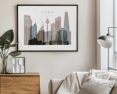 Art print of Sydney skyline featuring iconic buildings and structures in a modern style.