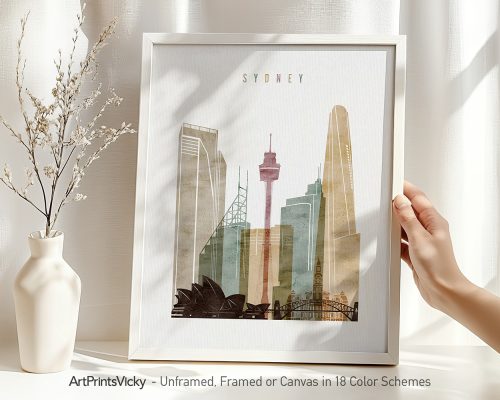 Art print featuring a stylized illustration of Sydney's skyline with notable buildings.