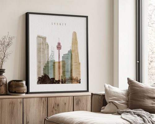 Art print of Sydney's skyline featuring notable buildings and landmarks in a minimalist style.