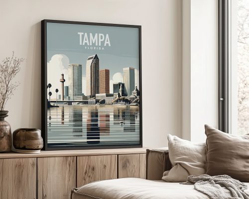 Framed print of Tampa, Florida featuring city skyline and water reflection.